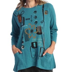 Jess & Jane Tunic Top Large NWT Teal Blue Botany Abstract Floral M12-1884